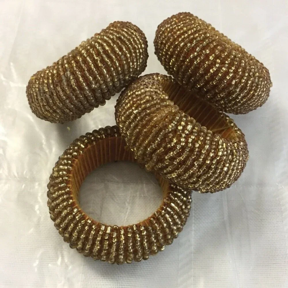 Y2K‎ Gold Beaded Napkin Rings Set Of 4 Round Amber Clear Seed Beads Table Boho